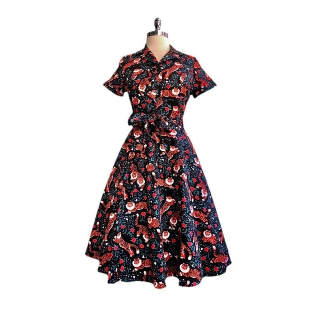 Eva Rose Fit & Flare Dress Sz 3X  Vtg Tiger Graphic Floral Belted Retro Pinup